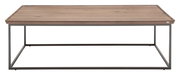 Moderner Couchtisch mit Holzplatte und Metallgestell, frontal betrachtet.