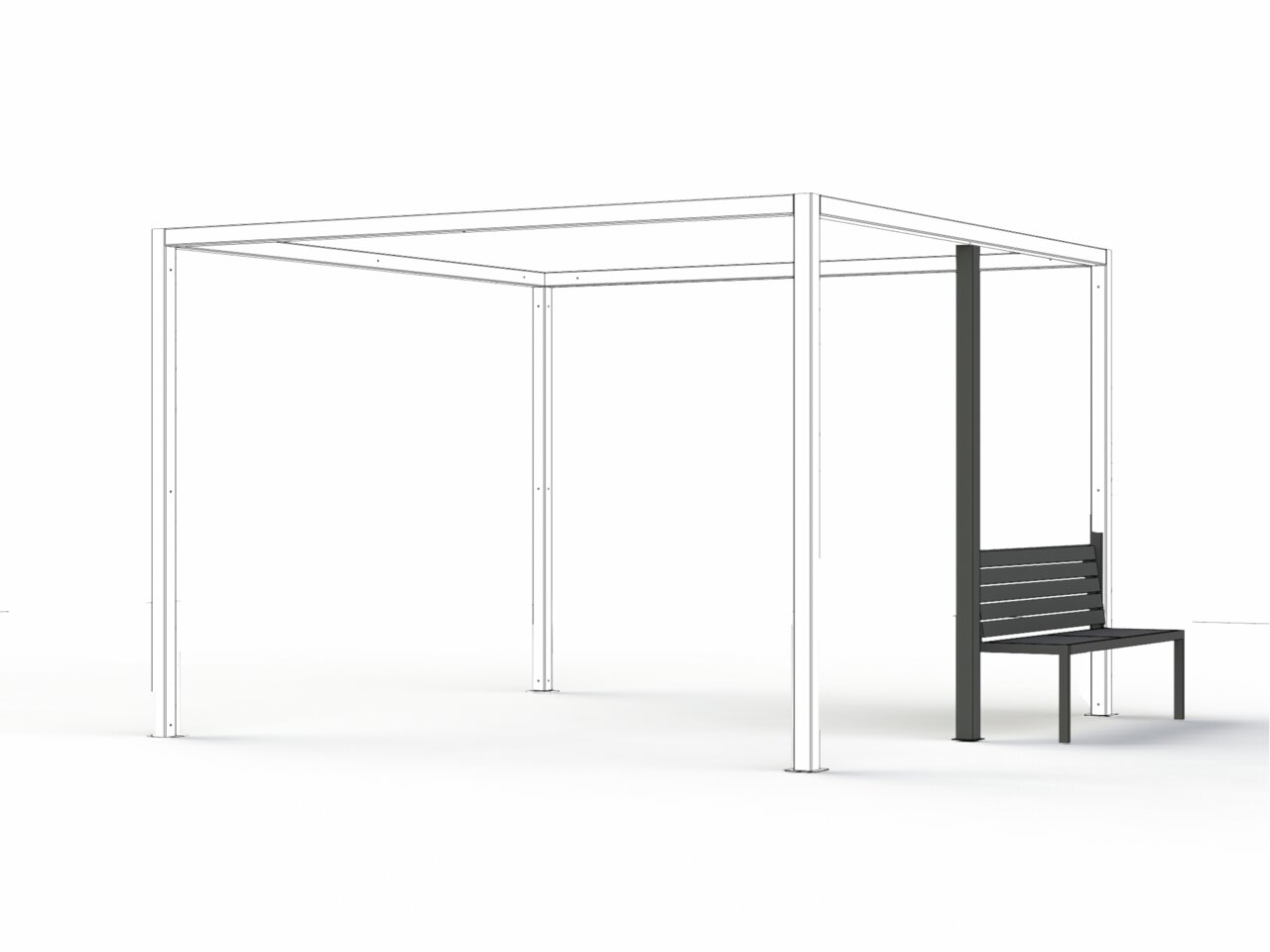Moderne Bank mit Überdachung, seitliche Perspektive, minimalistisch gestaltet in Schwarz und Weiß.