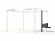 Moderne Bank mit Überdachung, seitliche Perspektive, minimalistisch gestaltet in Schwarz und Weiß.