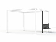 Moderne Bank mit Überdachung, seitliche Perspektive, minimalistisch gestaltet in Schwarz und Weiß.