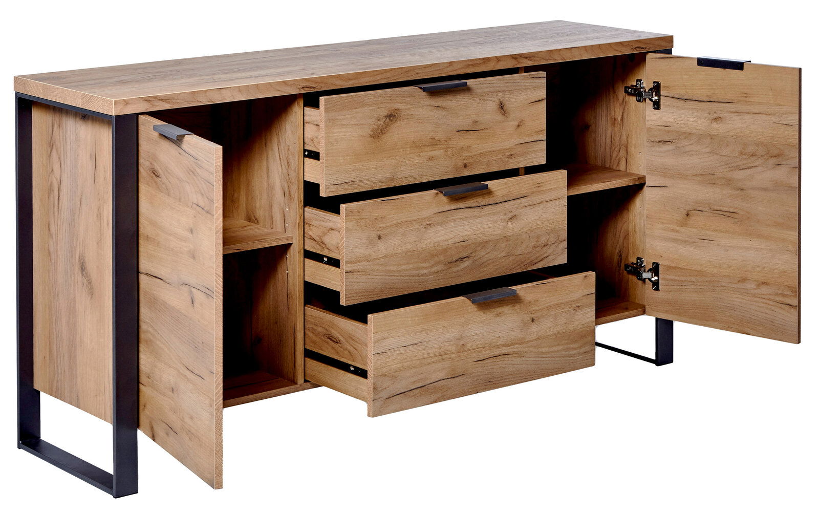 Holz-Sideboard mit offenen Schubladen und Türen, seitliche Perspektive