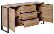 Holz-Sideboard mit offenen Schubladen und Türen, seitliche Perspektive