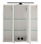 Spiegelschrank mit drei Türen, geöffnet, mit Glasböden und integrierter Steckdose, Frontalansicht