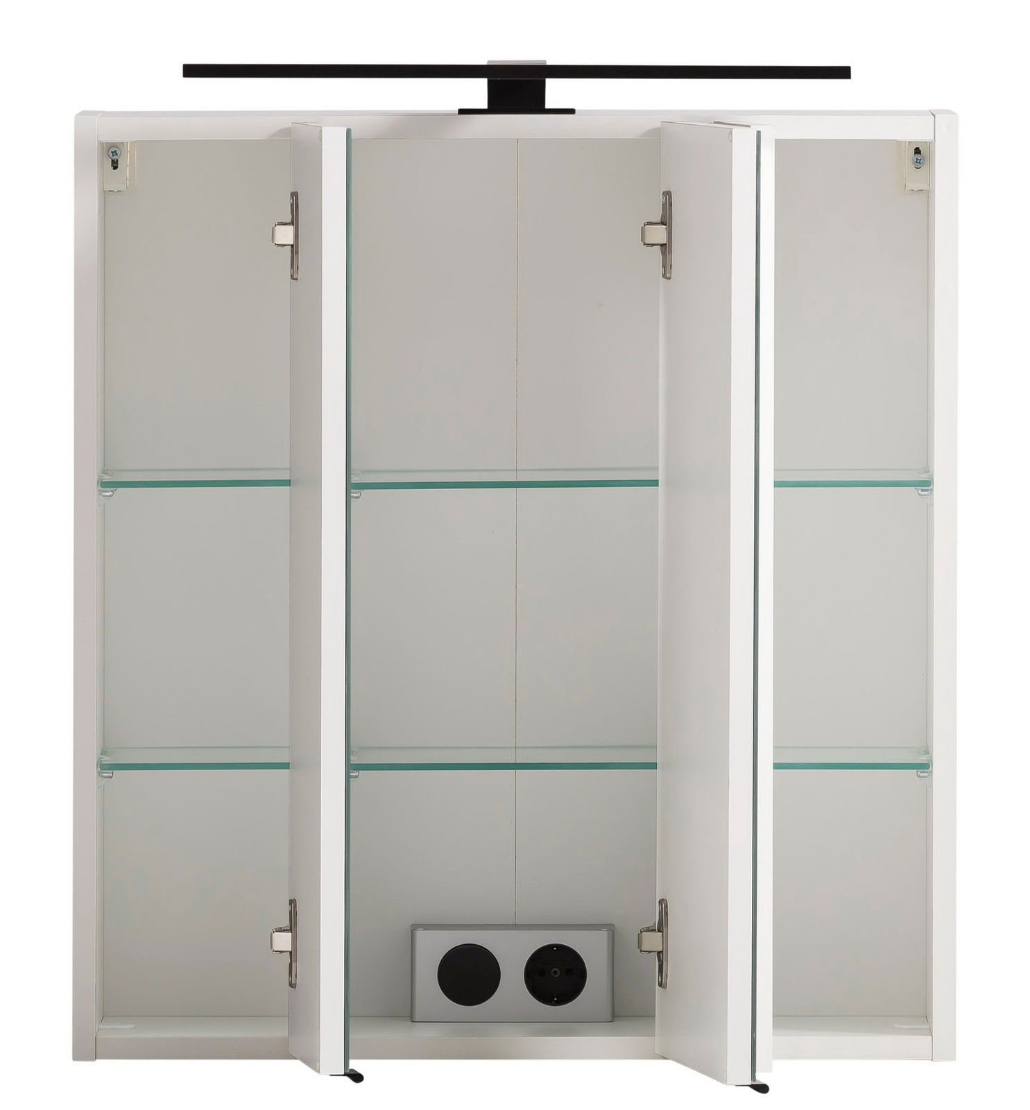 Spiegelschrank mit drei Türen, geöffnet, mit Glasböden und integrierter Steckdose, Frontalansicht