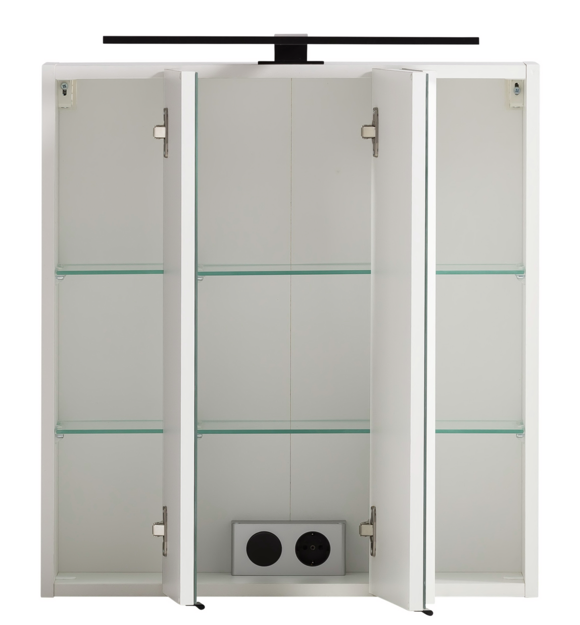 Spiegelschrank mit drei Türen, geöffnet, mit Glasböden und integrierter Steckdose, Frontalansicht