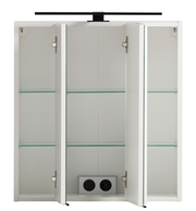 Spiegelschrank mit drei Türen, geöffnet, mit Glasböden und integrierter Steckdose, Frontalansicht