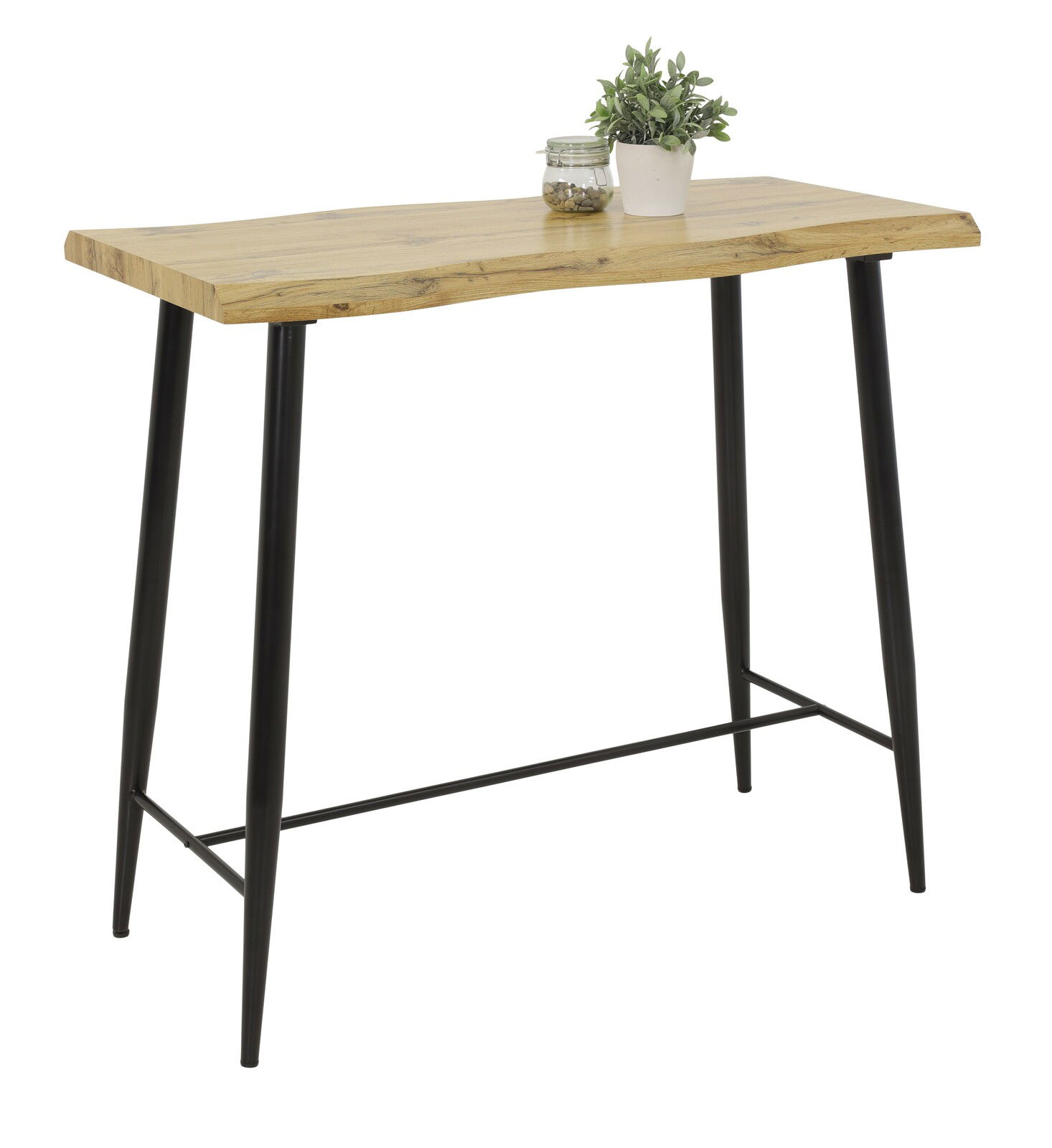 Z2 Bartisch GABI Moderner Bartisch mit natürlicher Holzplatte und schwarzen Metallbeinen, seitliche Perspektive.