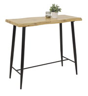 Moderner Bartisch mit natürlicher Holzplatte und schwarzen Metallbeinen, seitliche Perspektive.