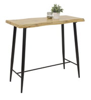 Moderne bartafel met een blad van natuurlijk hout en zwarte metalen poten, gezien vanaf de zijkant.