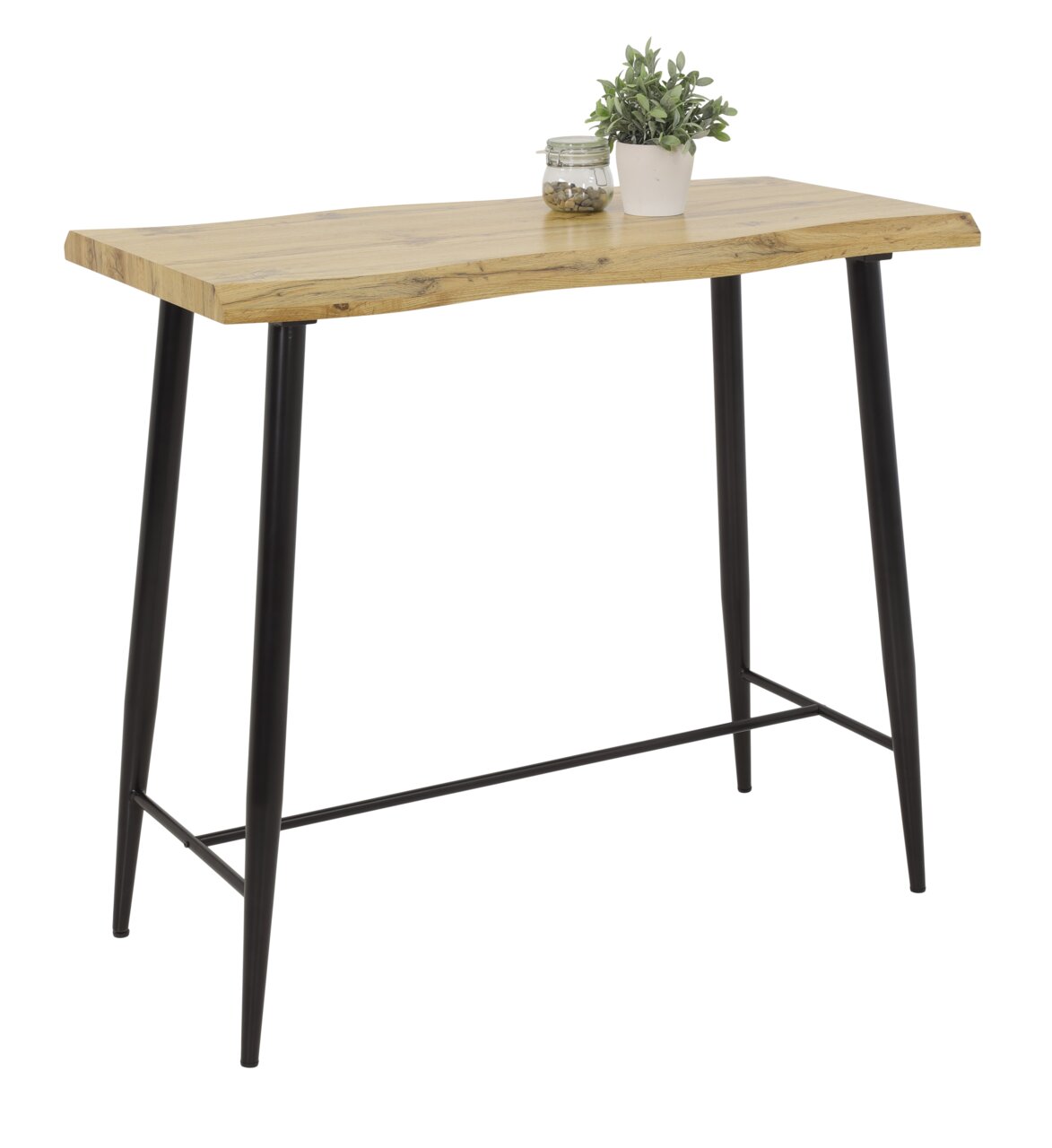 Moderne bartafel met een blad van natuurlijk hout en zwarte metalen poten, gezien vanaf de zijkant.