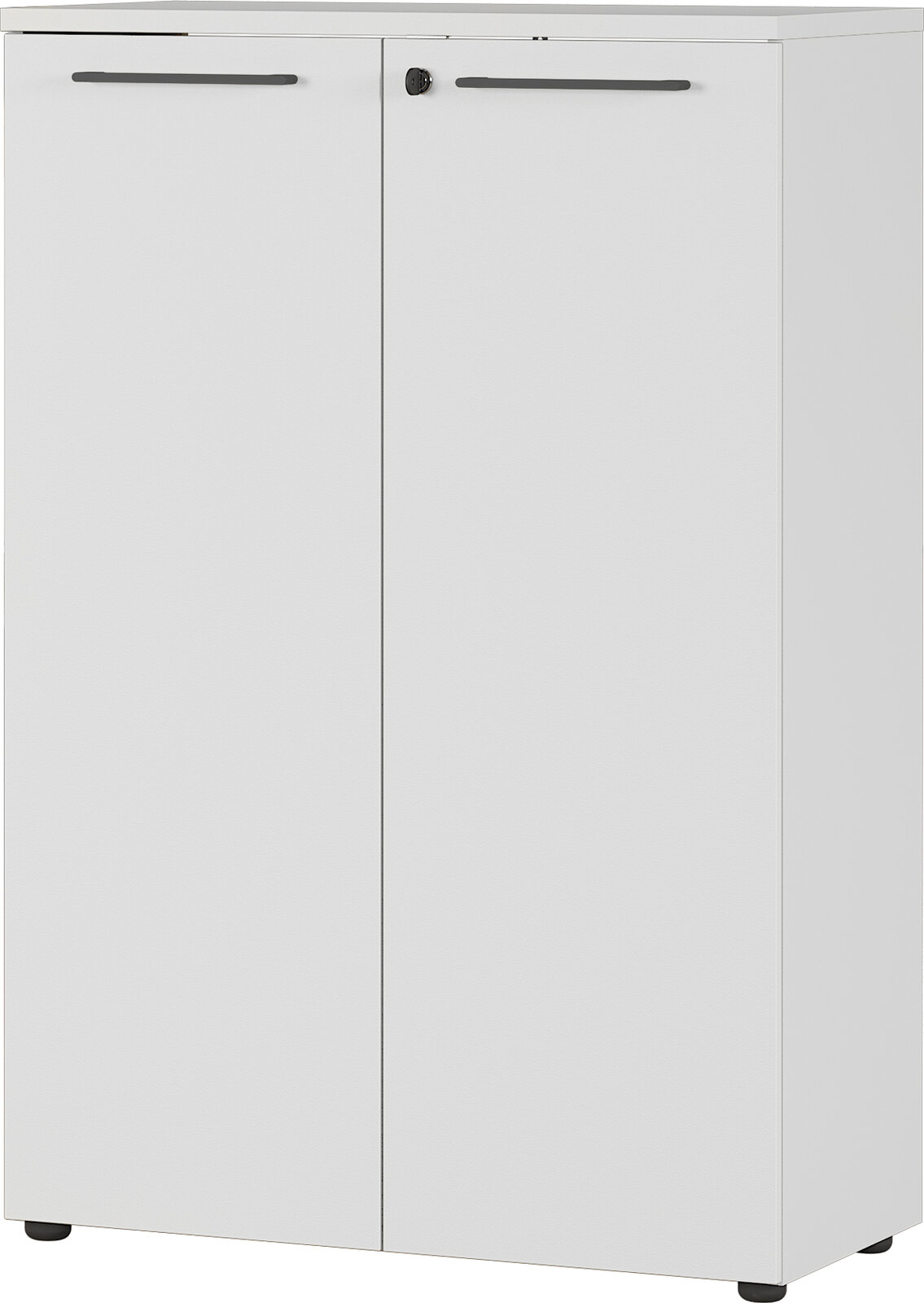 Weißer Aktenschrank mit zwei Türen und schwarzem Griff, Frontalansicht