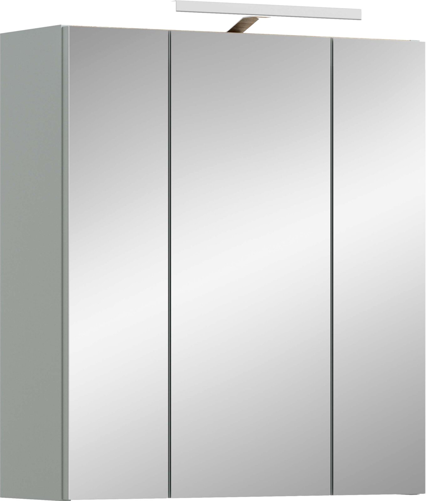 Moderner Spiegelschrank fürs Bad mit drei Spiegeltüren und integrierter LED-Aufsatzleuchte, Ansicht leicht schräg von vorne links