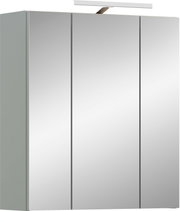 Moderner Spiegelschrank fürs Bad mit drei Spiegeltüren und integrierter LED-Aufsatzleuchte, Ansicht leicht schräg von vorne links