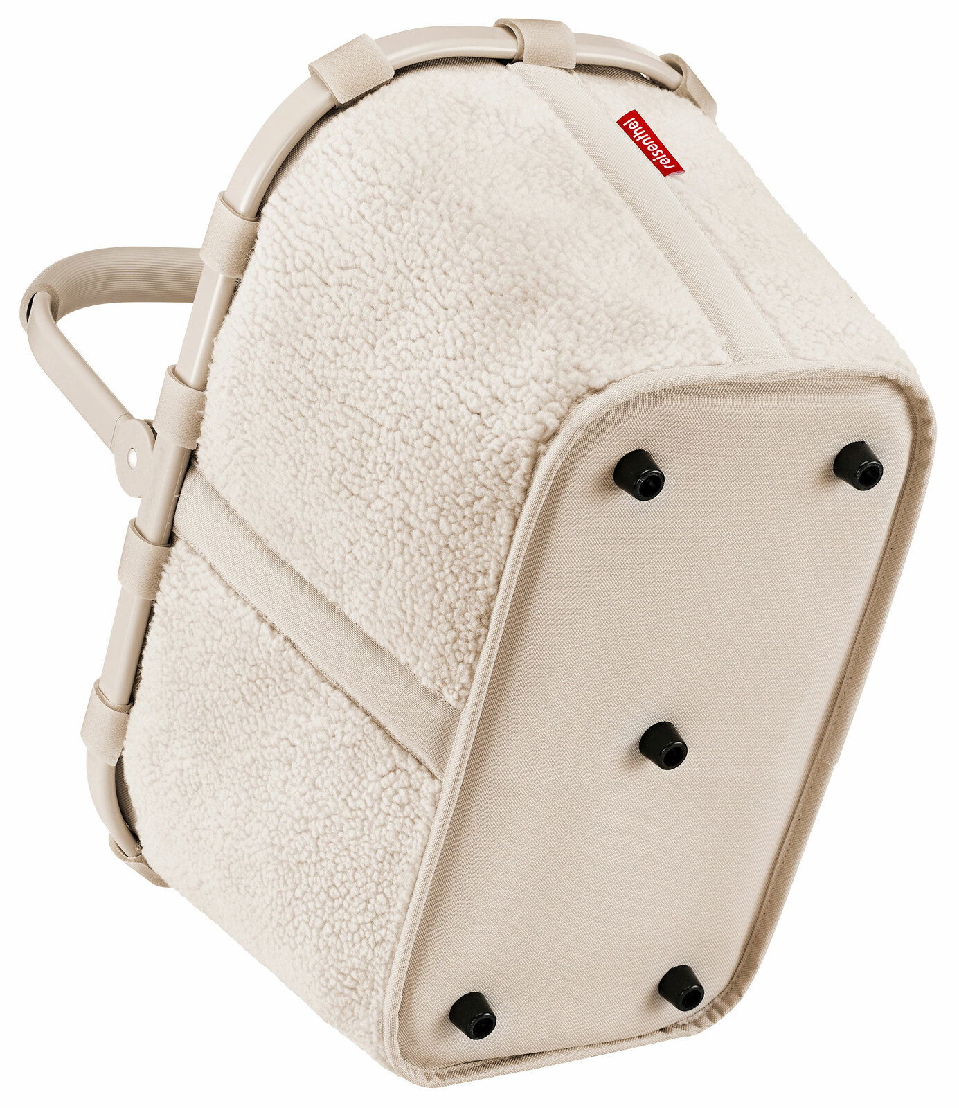 Beiger Einkaufskorb mit weichem, wollähnlichem Stoff und stabilen Griffen, seitliche Perspektive