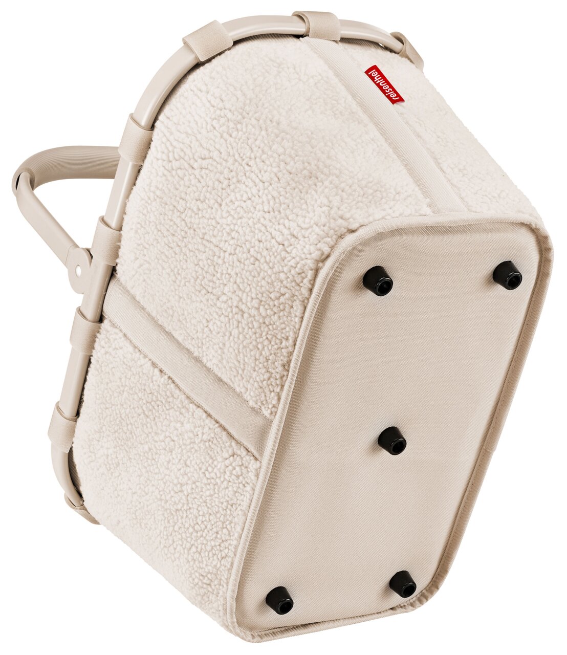 Beige boodschappenmand van zachte, wolachtige stof met stevige handvatten, zijaanzicht