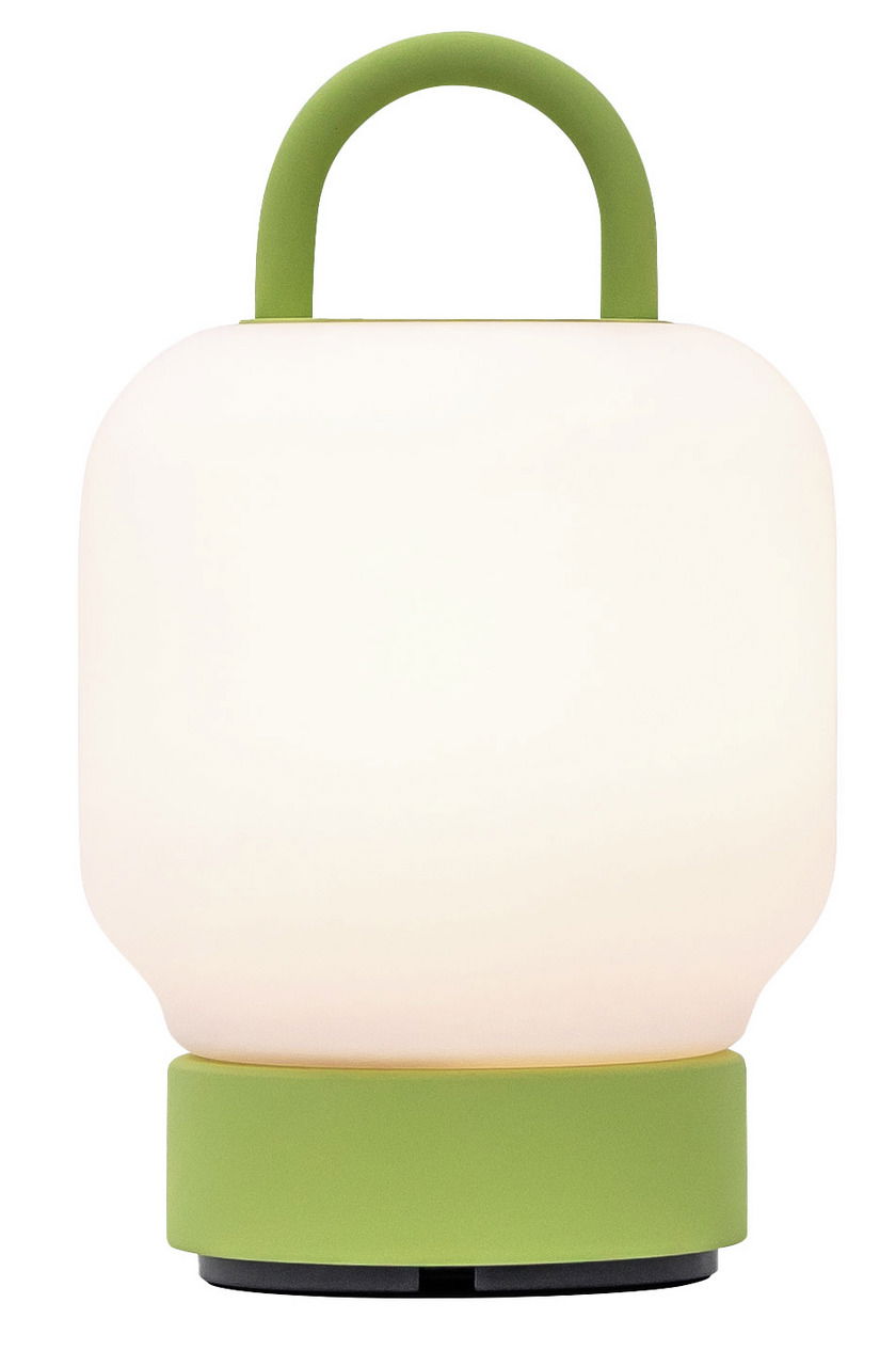Tragbare Lampe mit grünem Griff und Sockel, frontal betrachtet