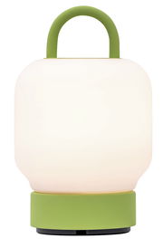 Tragbare Lampe mit grünem Griff und Sockel, frontal betrachtet