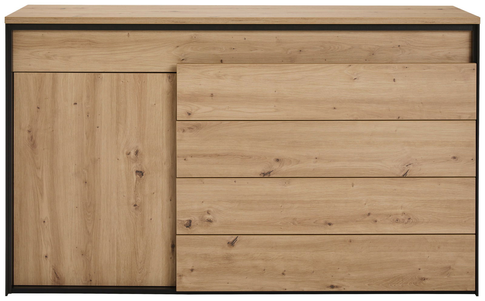 Frontale Ansicht eines Sideboards aus hellem Holz mit einer Tür und mehreren Schubladen.