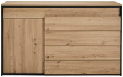 Frontale Ansicht eines Sideboards aus hellem Holz mit einer Tür und mehreren Schubladen.