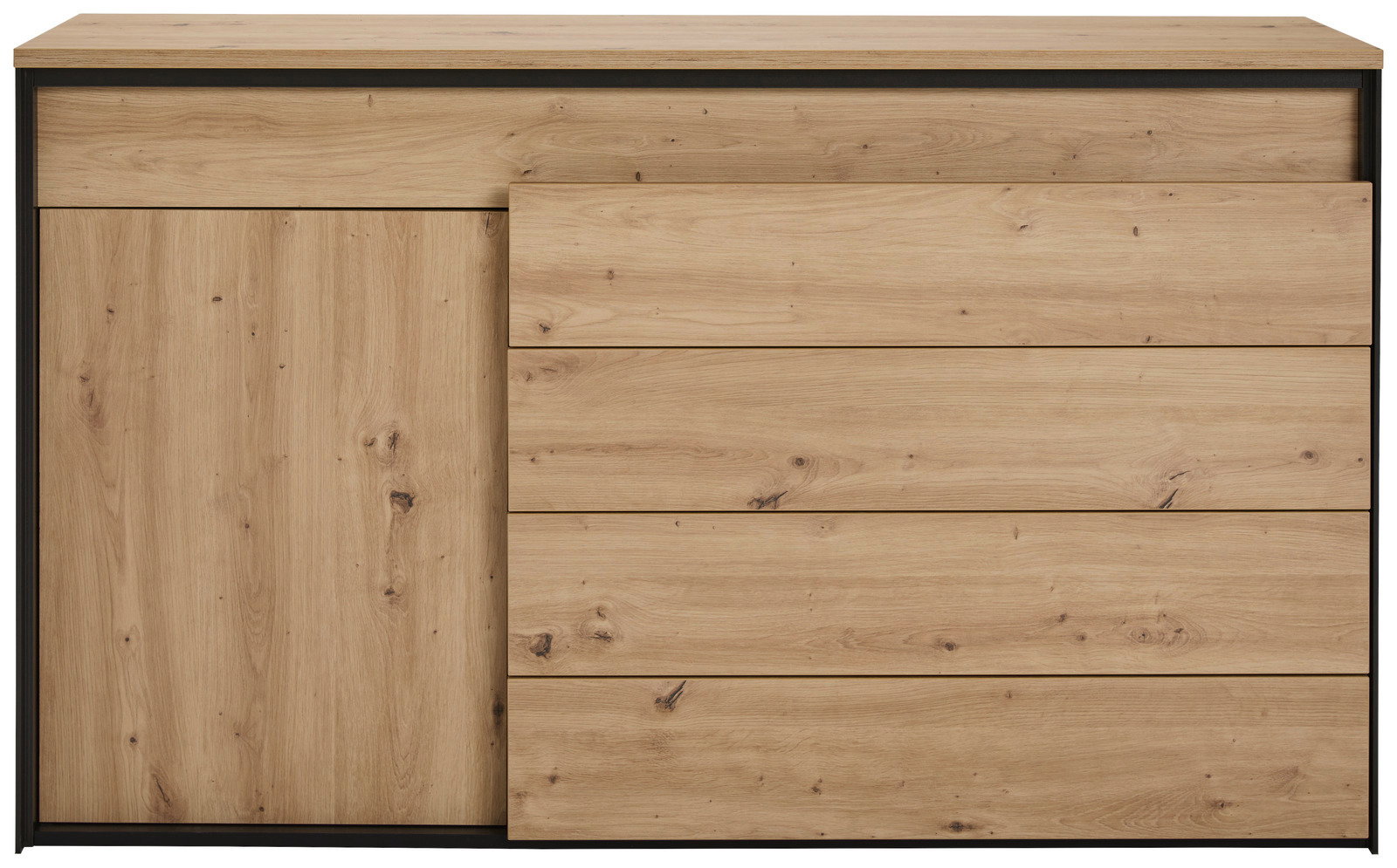 Frontale Ansicht eines Sideboards aus hellem Holz mit einer Tür und mehreren Schubladen.