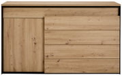 Frontale Ansicht eines Sideboards aus hellem Holz mit einer Tür und mehreren Schubladen.
