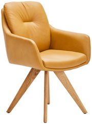 Gelber Armlehnstuhl mit Holzbeinen, seitliche Perspektive