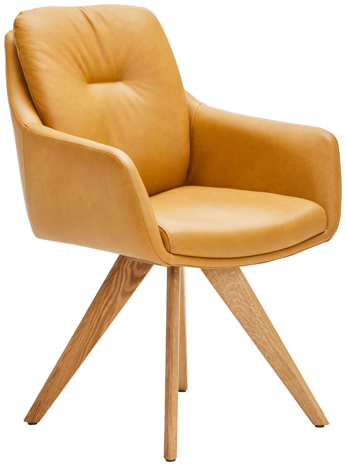 Gelber Armlehnstuhl mit Holzbeinen, seitliche Perspektive