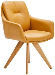 Gelber Armlehnstuhl mit Holzbeinen, seitliche Perspektive