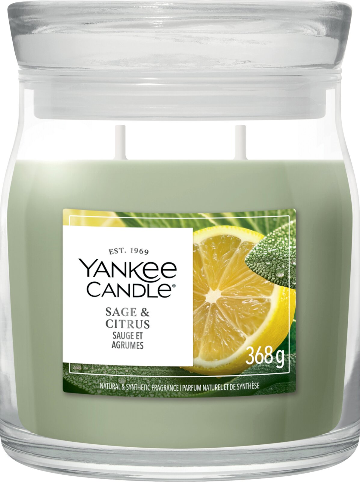 Yankee Candle Sage & Citrus Duftkerze mit 368 g in hellgrünem Wachs, im Glas mit Deckel und zwei Dochten, frontal abgebildet