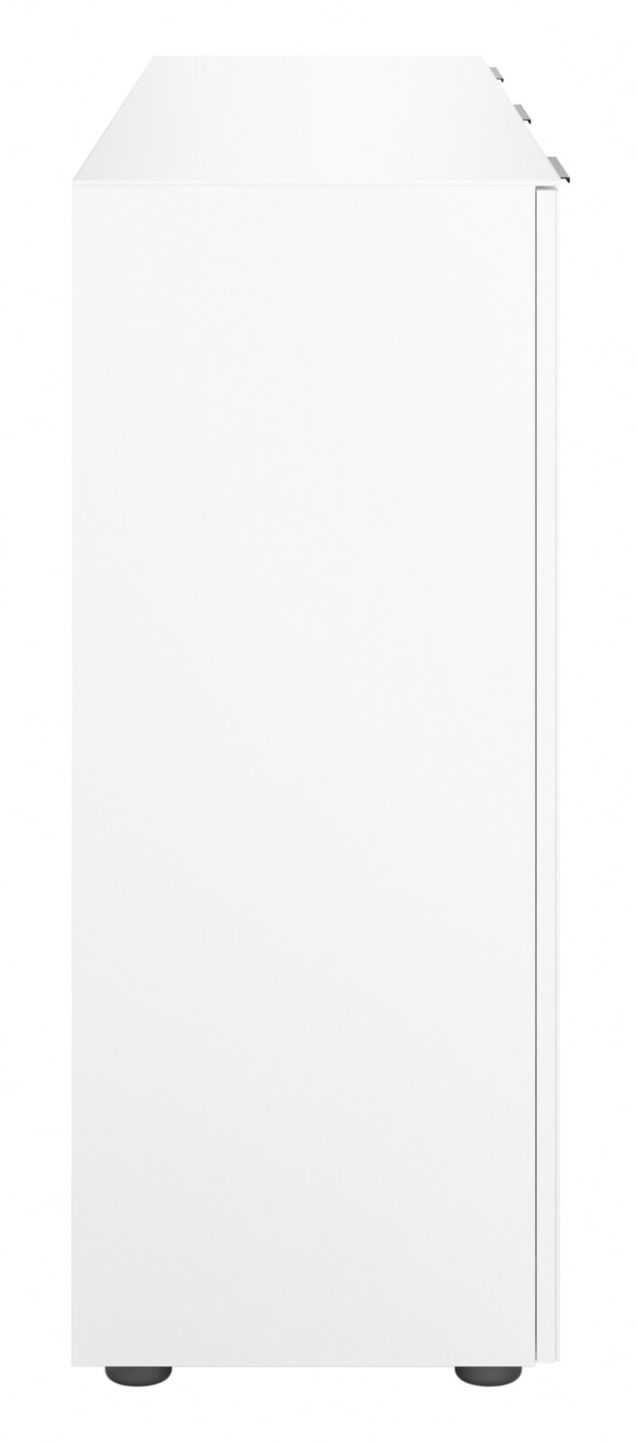 Seitenansicht eines weißen XL-Sideboards mit schlichten Linien und schwarzen Füßen