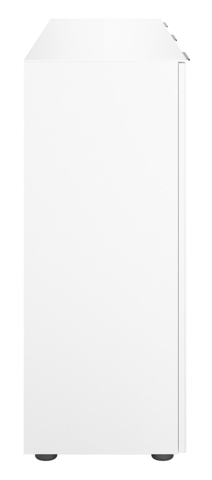 Seitenansicht eines weißen XL-Sideboards mit schlichten Linien und schwarzen Füßen