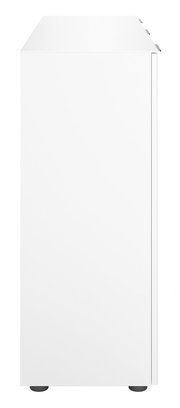 Seitenansicht eines weißen XL-Sideboards mit schlichten Linien und schwarzen Füßen