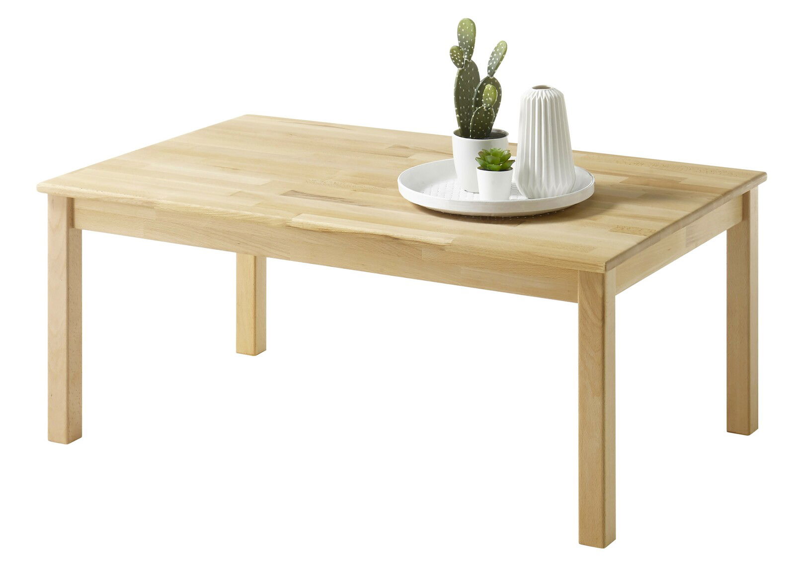 Holz-Couchtisch mit Dekoration, seitliche Perspektive