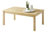 Holz-Couchtisch mit Dekoration, seitliche Perspektive