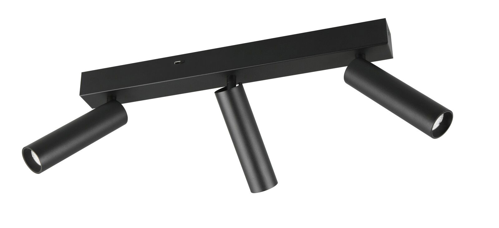 Schwarzer Deckenstrahler mit drei verstellbaren Spots, seitliche Perspektive