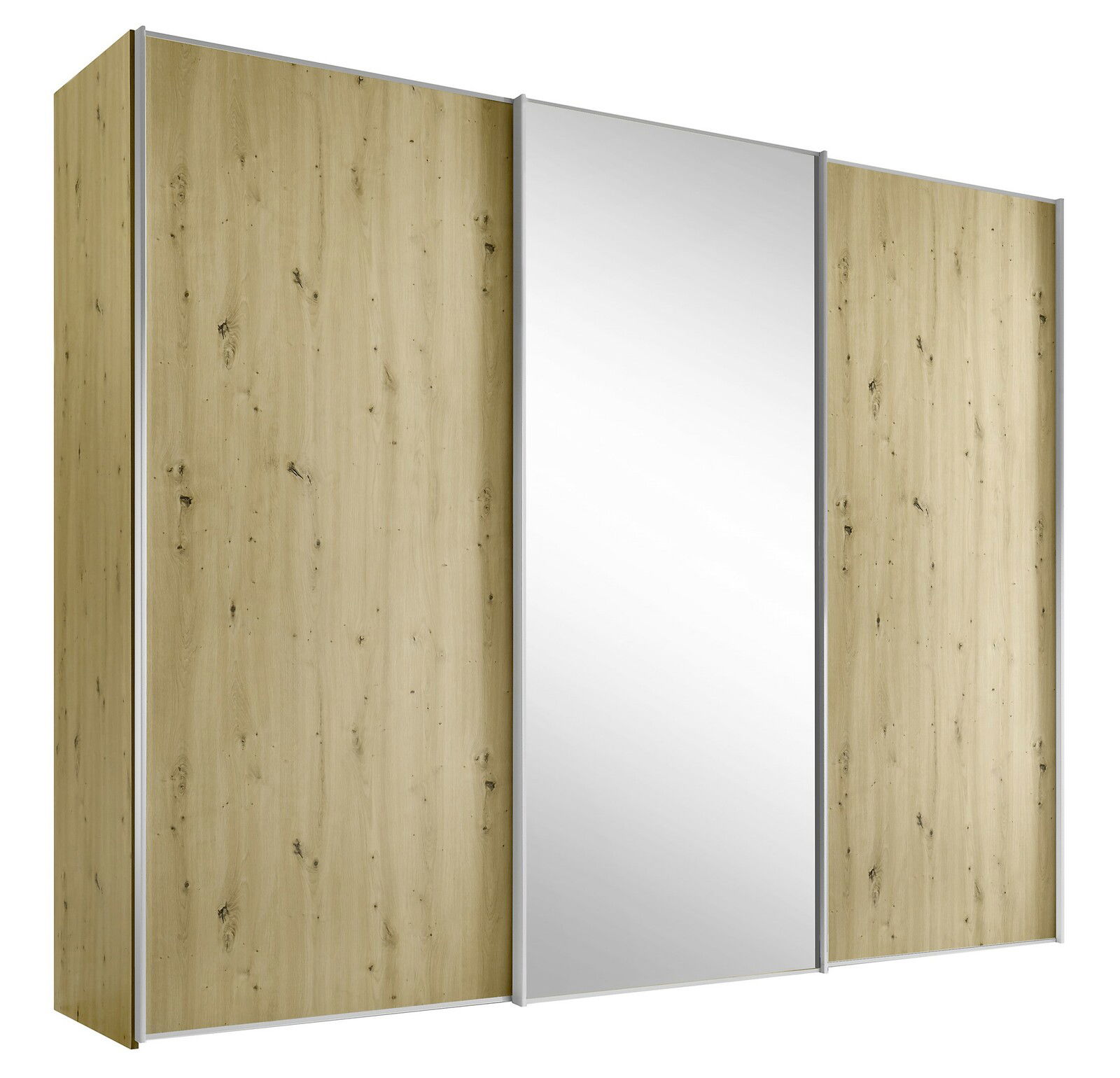 Schwebetürenschrank mit Holzoptik und mittlerer Spiegeltür, seitliche Perspektive