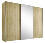 Schwebetürenschrank mit Holzoptik und mittlerer Spiegeltür, seitliche Perspektive