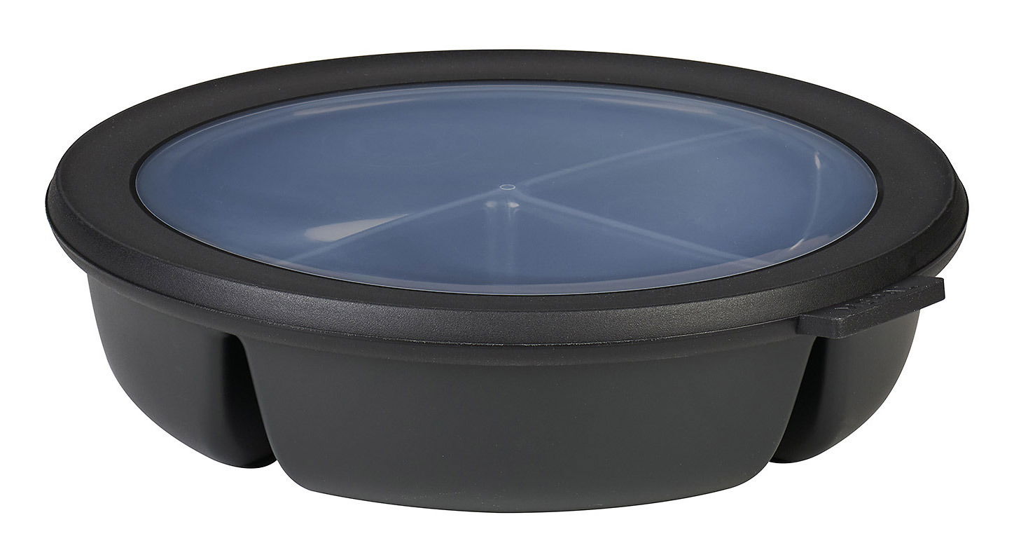 Runde Bento-Schale Cirqula in Schwarz mit transparentem Deckel, seitliche Perspektive