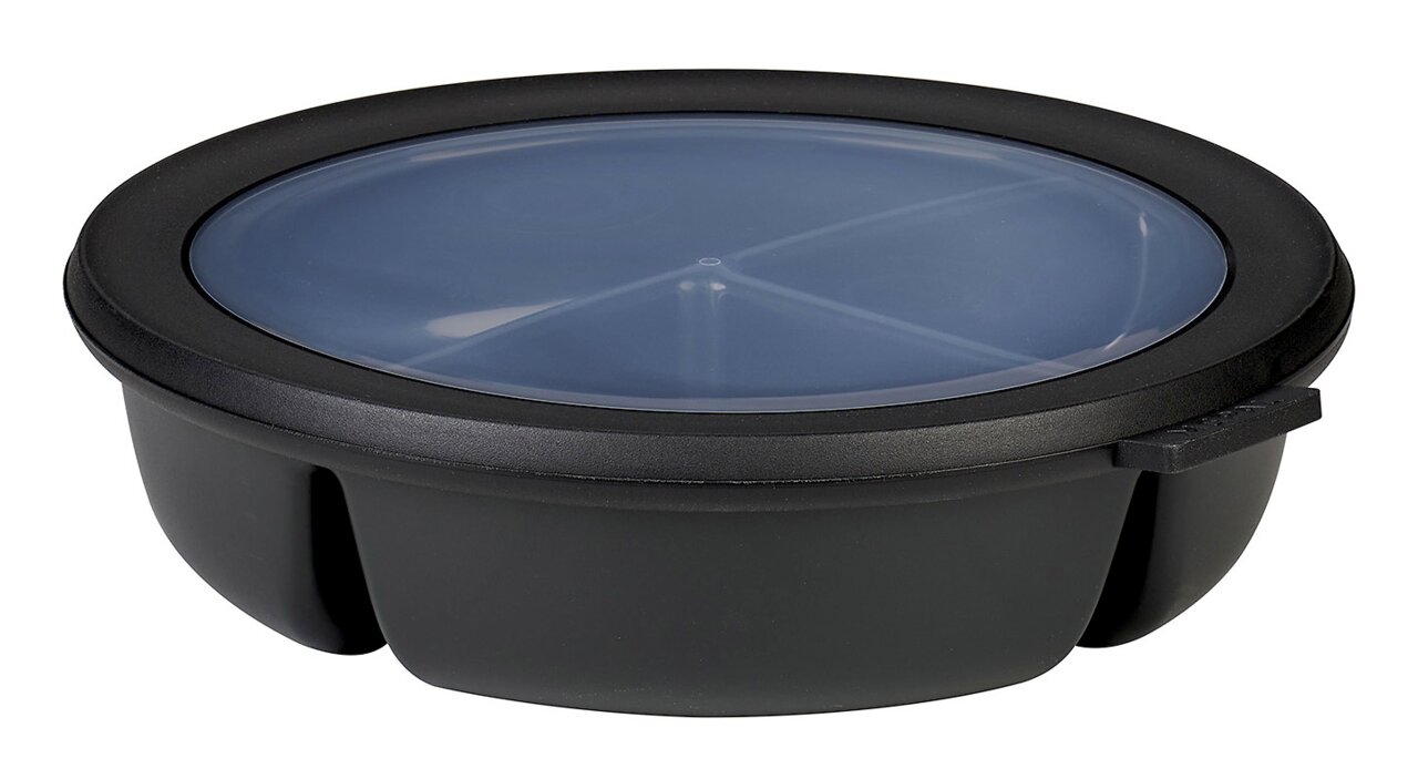 Runde Bento-Schale Cirqula in Schwarz mit transparentem Deckel, seitliche Perspektive