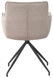 Rückansicht eines beigen Armlehnstuhls mit schwarzem Metallgestell.