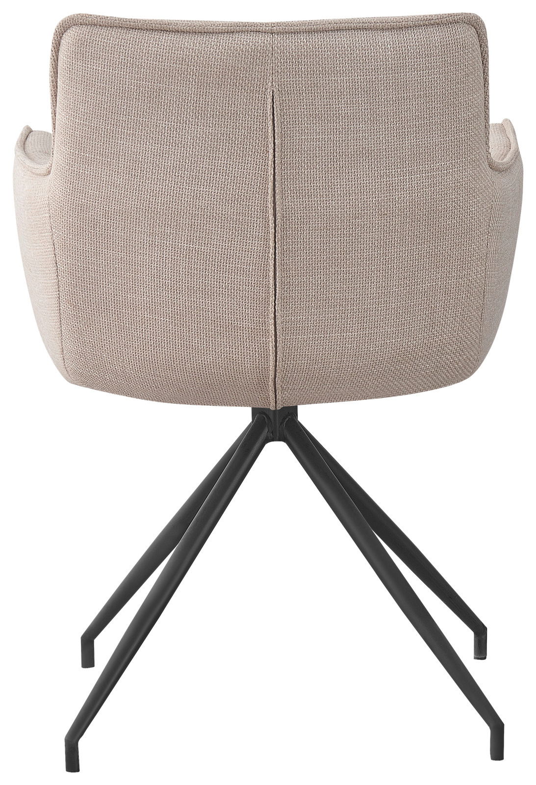 Rückansicht eines beigen Armlehnstuhls mit schwarzem Metallgestell.