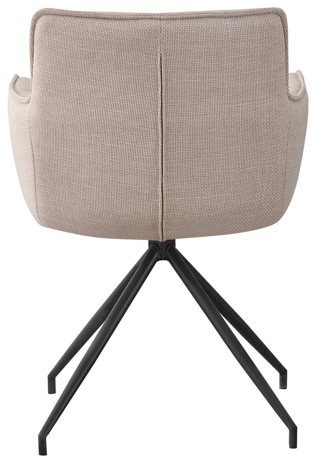 Rückansicht eines beigen Armlehnstuhls mit schwarzem Metallgestell.