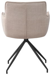 Rückansicht eines beigen Armlehnstuhls mit schwarzem Metallgestell.