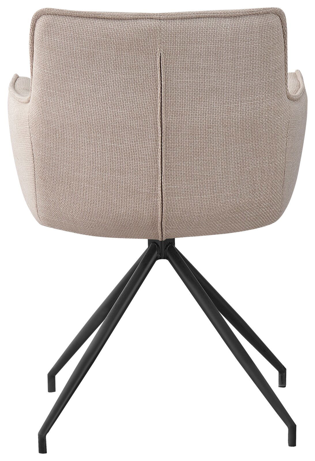 Rückansicht eines beigen Armlehnstuhls mit schwarzem Metallgestell.