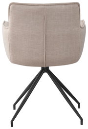 Rückansicht eines beigen Armlehnstuhls mit schwarzem Metallgestell.