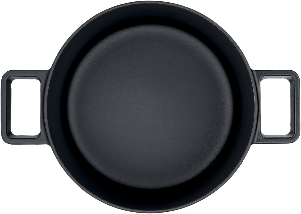 Zwarte WMF Flavour braadpan, 24 cm, bovenaanzicht met twee handgrepen.