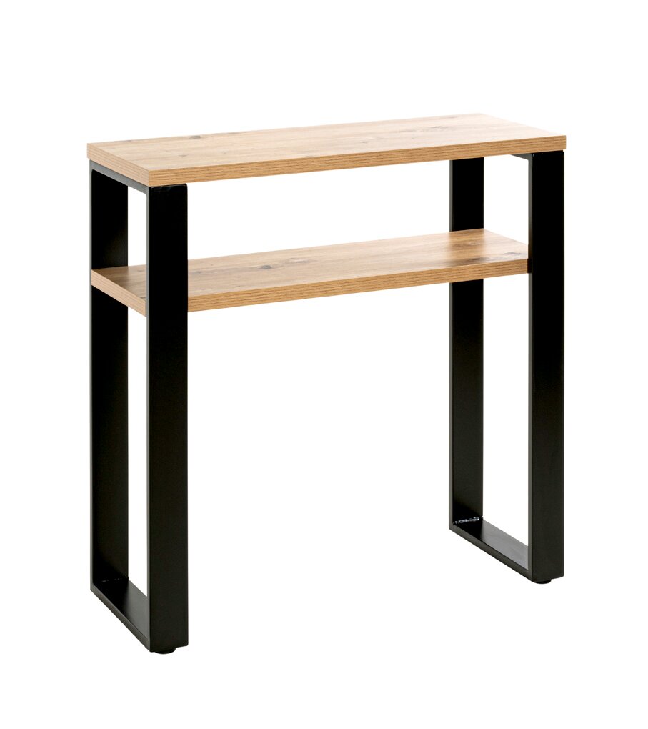 Schmaler Konsolentisch mit heller Holzplatte und zusätzlicher Ablage, schwarzes Metallgestell im Industrial-Design, freigestellt auf weißem Hintergrund, perspektivische Ansicht von schräg vorne.