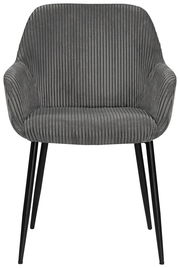 Grauer Armlehnstuhl mit geripptem Stoffbezug und schwarzen Metallbeinen, Frontalansicht
