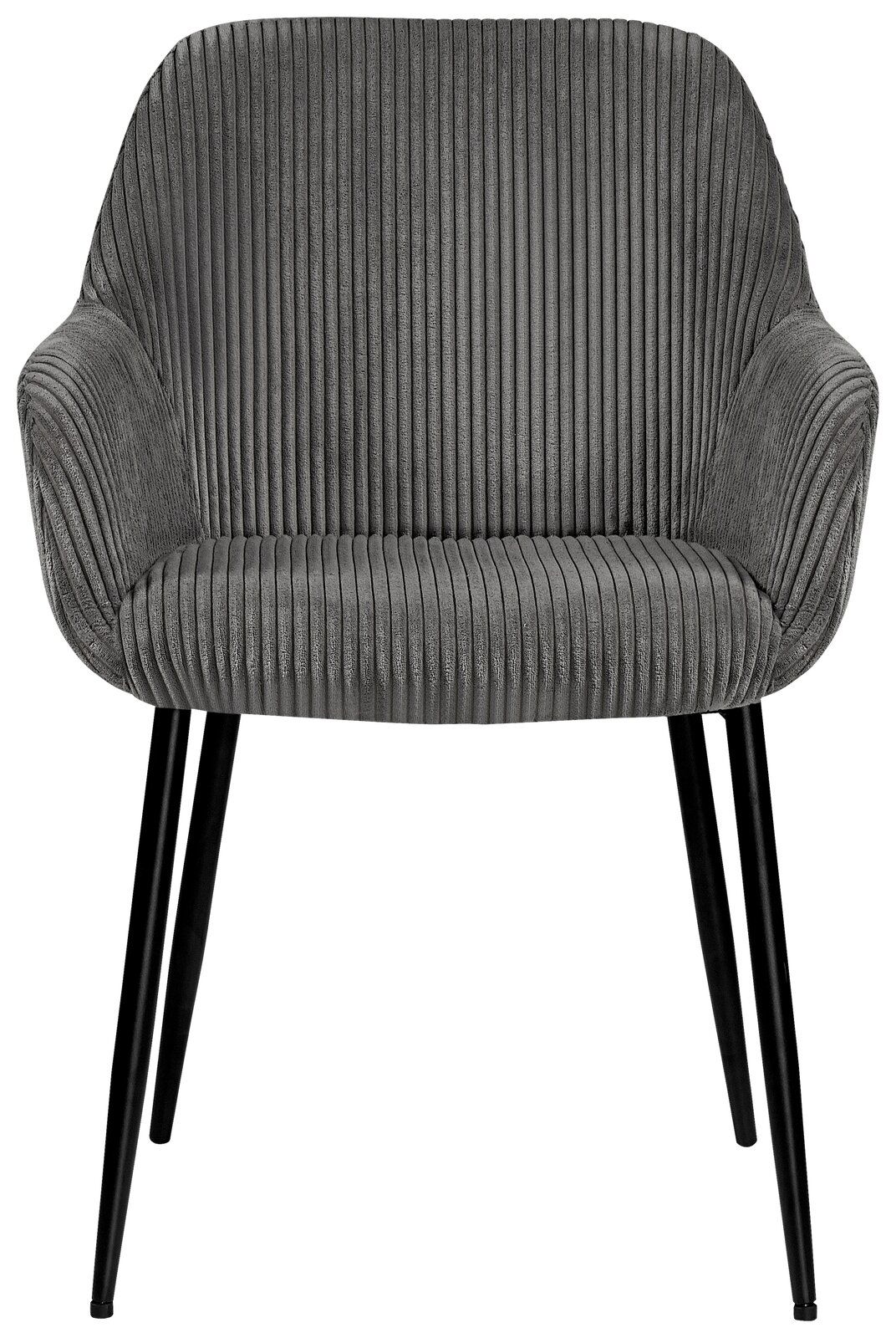 Grauer Armlehnstuhl mit geripptem Stoffbezug und schwarzen Metallbeinen, Frontalansicht