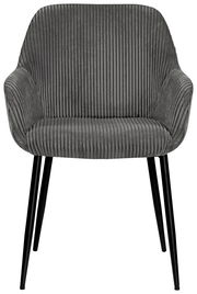 Grauer Armlehnstuhl mit geripptem Stoffbezug und schwarzen Metallbeinen, Frontalansicht